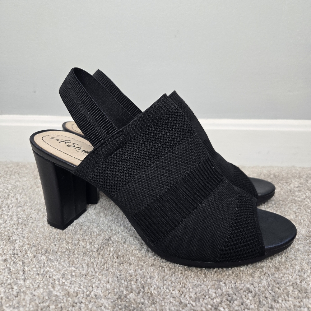 Life Stride Afton Black Slingback Peeptoe Heels with Fabric Upper Size 10